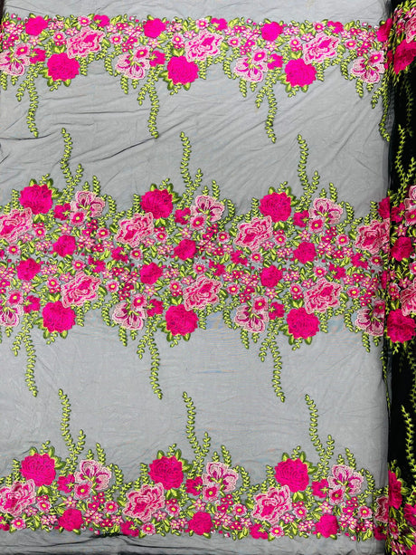 Roses Multi Color Floral Design Embroidered Mesh Lace Fabric - Multi Color Floral Pattern, 50" Width, 36" Length (1 Yard)