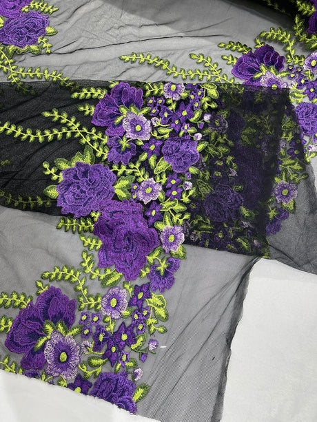 Roses Multi Color Floral Design Embroidered Mesh Lace Fabric - Multi Color Floral Pattern, 50" Width, 36" Length (1 Yard)