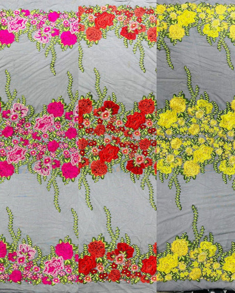 Roses Multi Color Floral Design Embroidered Mesh Lace Fabric - Multi Color Floral Pattern, 50" Width, 36" Length (1 Yard)