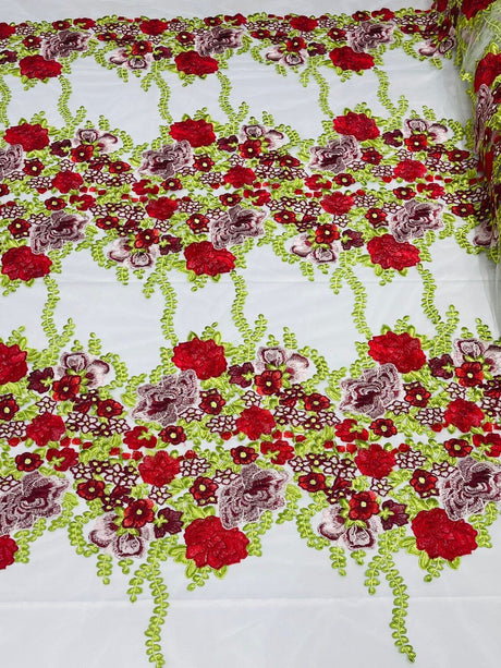 Roses Multi Color Floral Design Embroidered Mesh Lace Fabric - Multi Color Floral Pattern, 50" Width, 36" Length (1 Yard)
