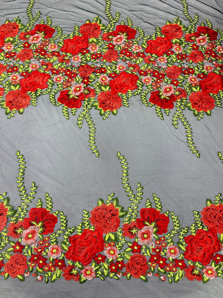 Roses Multi Color Floral Design Embroidered Mesh Lace Fabric - Multi Color Floral Pattern, 50" Width, 36" Length (1 Yard)