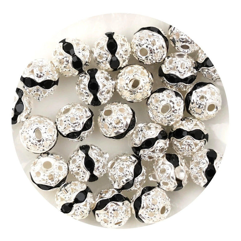 Round String Bead Silver - Black Stones (5 per Bag - 6mm)