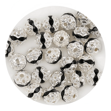 Round String Bead Silver - Black Stones (5 per Bag - 6mm)