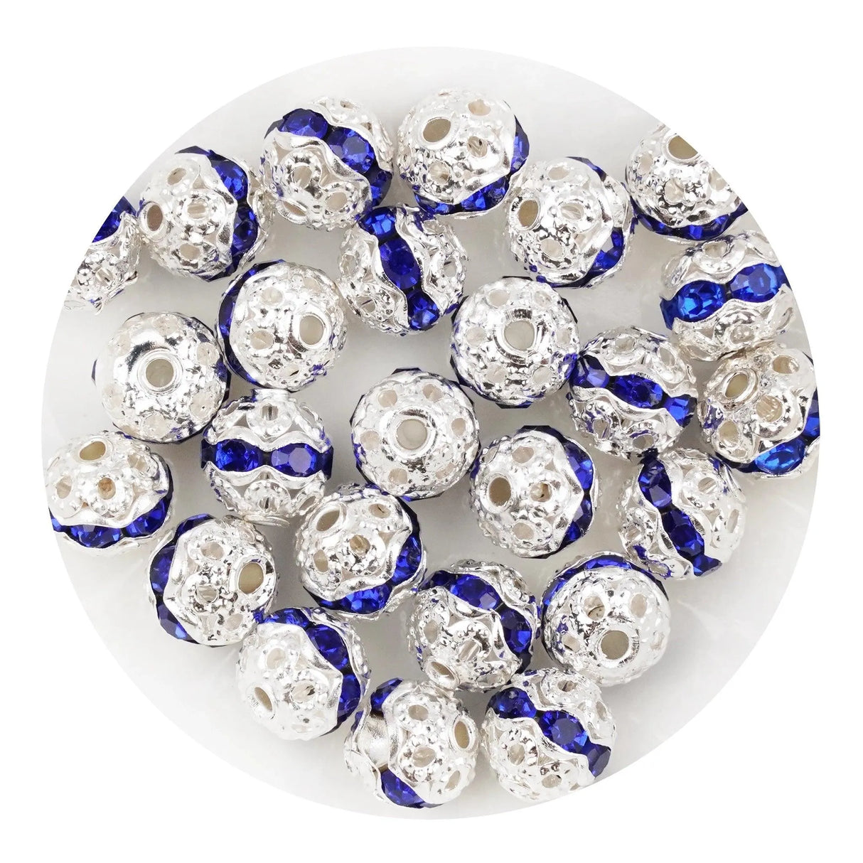 Round String Bead Silver - Blue Stones (5 per Bag - 6mm)