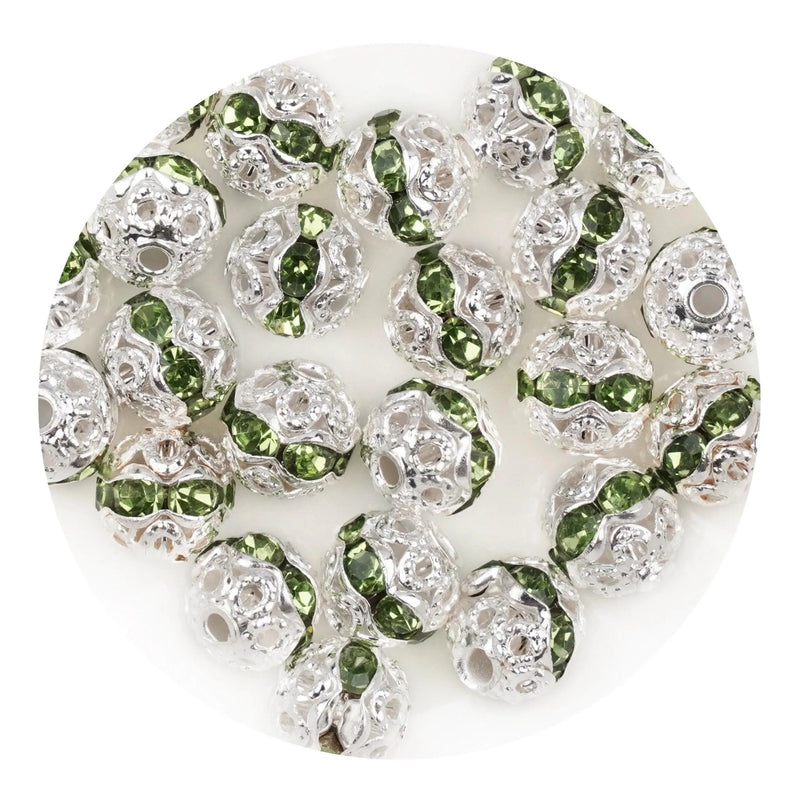 Round String Bead Silver - Green Stones (5 per Bag - 6mm)