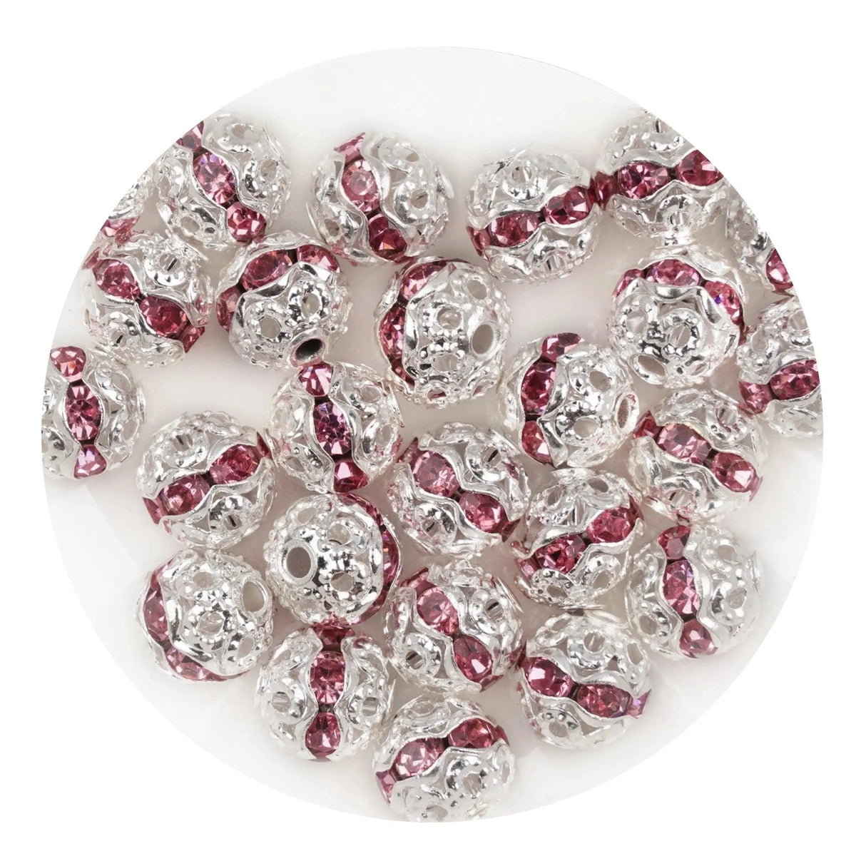 Round String Bead Silver - Pink Stones (5 per Bag - 6mm)