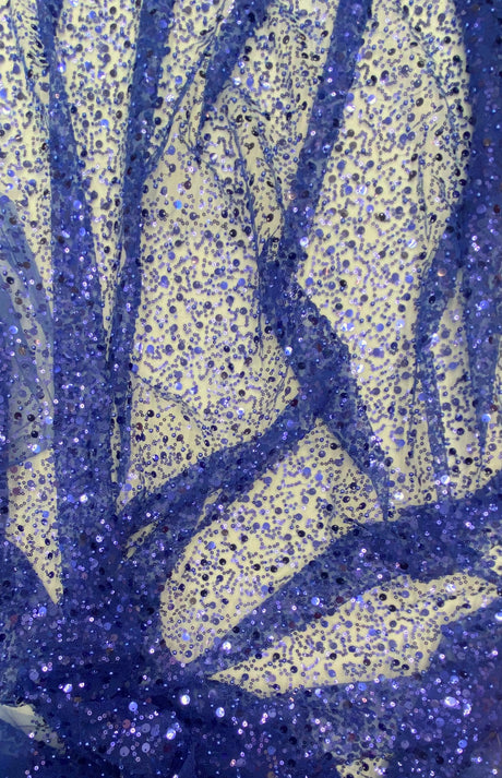 BPS Mesh Lace Royal Blue Polyester Fabric - Royal Blue Beads, Pearls & Sequins Mesh, 60" Width (1 Yard)