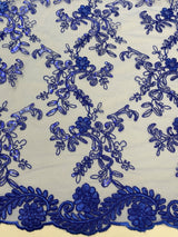 Elena's Lace Royal Blue Polyester Fabric - Corded Mesh Embroidered With Sequins, Double Scalloped Edge, Royal Blue, 54" Width (1 Yard)