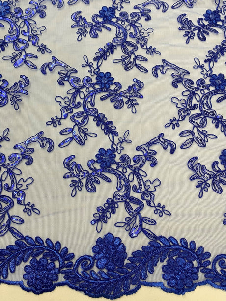 Elena's Lace Royal Blue Polyester Fabric - Corded Mesh Embroidered With Sequins, Double Scalloped Edge, Royal Blue, 54" Width (1 Yard)