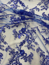 Elena's Lace Royal Blue Polyester Fabric - Corded Mesh Embroidered With Sequins, Double Scalloped Edge, Royal Blue, 54" Width (1 Yard)