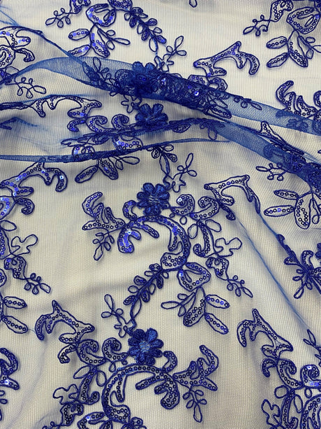 Elena's Lace Royal Blue Polyester Fabric - Corded Mesh Embroidered With Sequins, Double Scalloped Edge, Royal Blue, 54" Width (1 Yard)