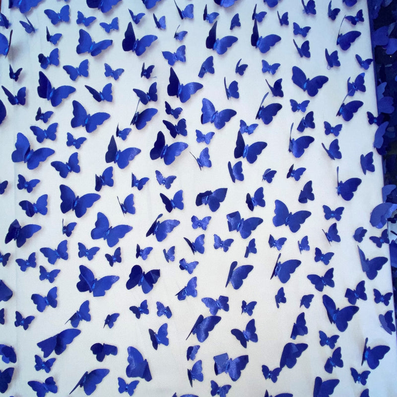 1 Yard Royal Blue 3D Butterfly Mesh Fabric with Satin Appliqués for Dresses and Décor 54 Inch Wide