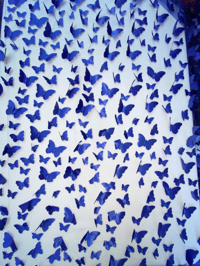 3D Butterflies Royal Blue 100 Percent Polyester Fabric - Light Weight Satin Butterflies, Royal Blue, 54" Width (1 Yard)