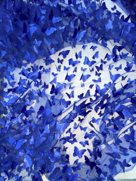 3D Butterflies Royal Blue 100 Percent Polyester Fabric - Light Weight Satin Butterflies, Royal Blue, 54" Width (1 Yard)