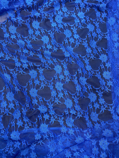 Royal Blue Nylon Spandex Fabric - Shimmery Floral Lace, 58/60" Width (1 Yard)