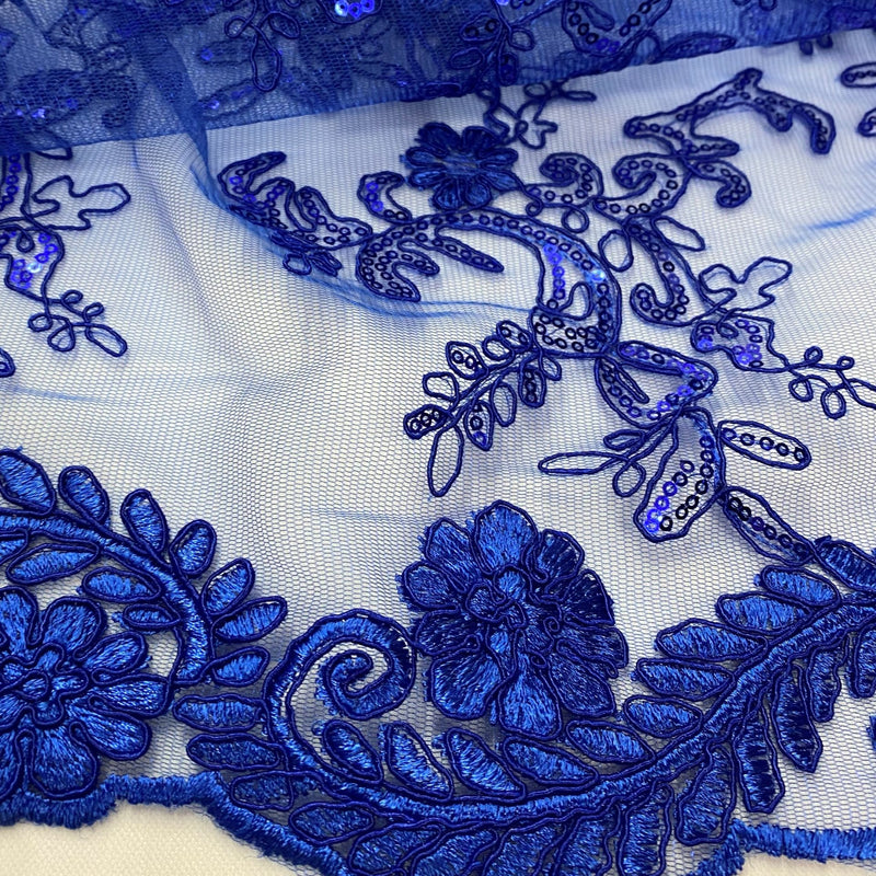 Elena's Lace Royal Blue Polyester Fabric - Corded Mesh Embroidered With Sequins, Double Scalloped Edge, Royal Blue, 54" Width (1 Yard)