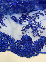 Elena's Lace Royal Blue Polyester Fabric - Corded Mesh Embroidered With Sequins, Double Scalloped Edge, Royal Blue, 54" Width (1 Yard)
