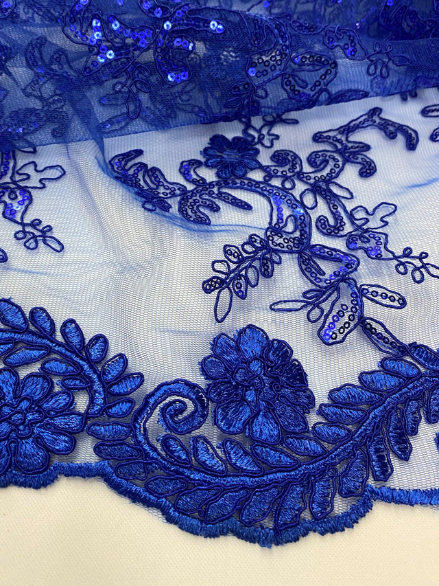 Elena's Lace Royal Blue Polyester Fabric - Corded Mesh Embroidered With Sequins, Double Scalloped Edge, Royal Blue, 54" Width (1 Yard)