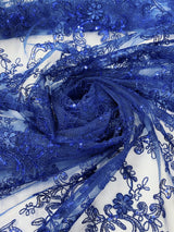 Elena's Lace Royal Blue Polyester Fabric - Corded Mesh Embroidered With Sequins, Double Scalloped Edge, Royal Blue, 54" Width (1 Yard)