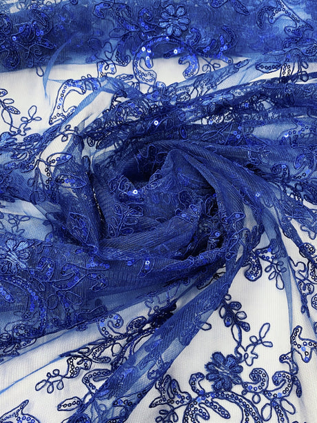 Elena's Lace Royal Blue Polyester Fabric - Corded Mesh Embroidered With Sequins, Double Scalloped Edge, Royal Blue, 54" Width (1 Yard)