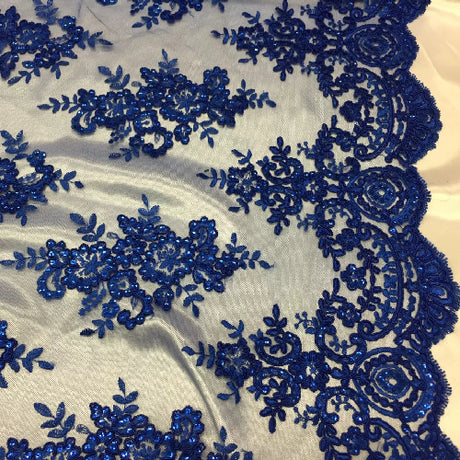 Royal Blue Sequin Lace Fabric With Embroideries On Mesh - Royal Blue Embroidered Sequin Lace Fabric, Mesh Base, 1 Yard