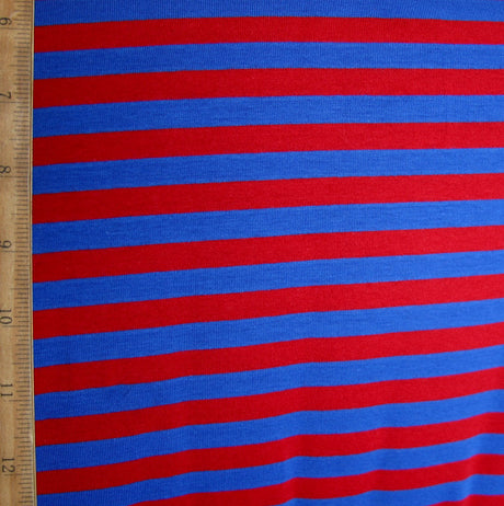 Cotton Lycra Knit Fabric Royal Blue and Red 3/8" Stripe 32" Remnant