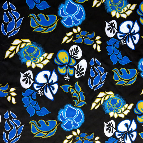 Microfiber Boardshort Fabric Royal Turquoise and Yellow Hibiscus on Black