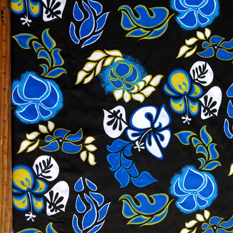 Microfiber Boardshort Fabric Royal Turquoise and Yellow Hibiscus on Black