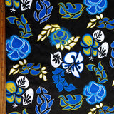 Microfiber Boardshort Fabric Royal Turquoise and Yellow Hibiscus on Black