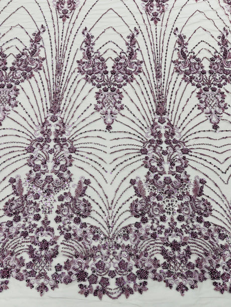 Royalty Damask Beaded Lace Fabric - Damask Pattern, Beaded Mesh, 54" Width (1 Yard)