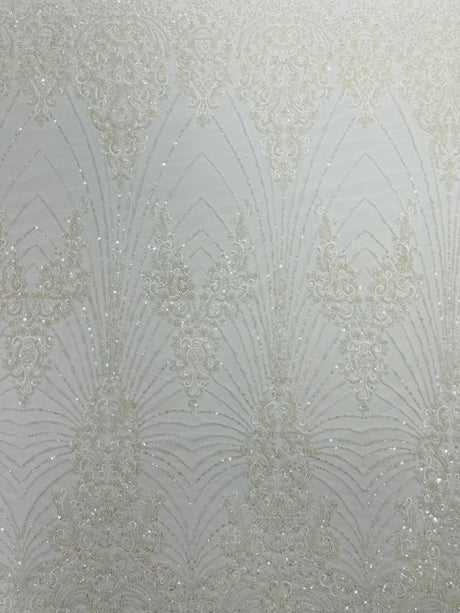 Royalty Damask Beaded Lace Fabric - Damask Pattern, Beaded Mesh, 54" Width (1 Yard)