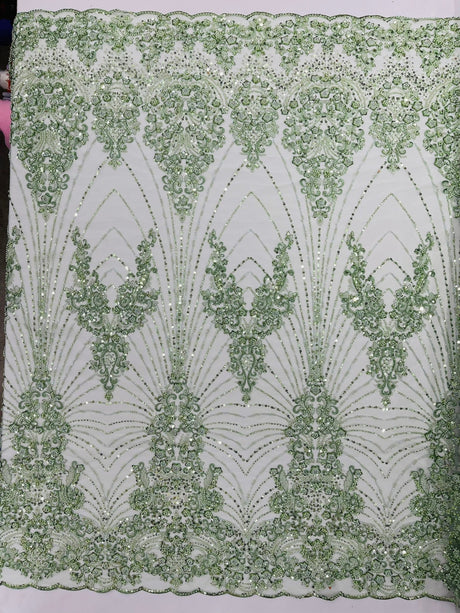 Royalty Damask Beaded Lace Fabric - Damask Pattern, Beaded Mesh, 54" Width (1 Yard)