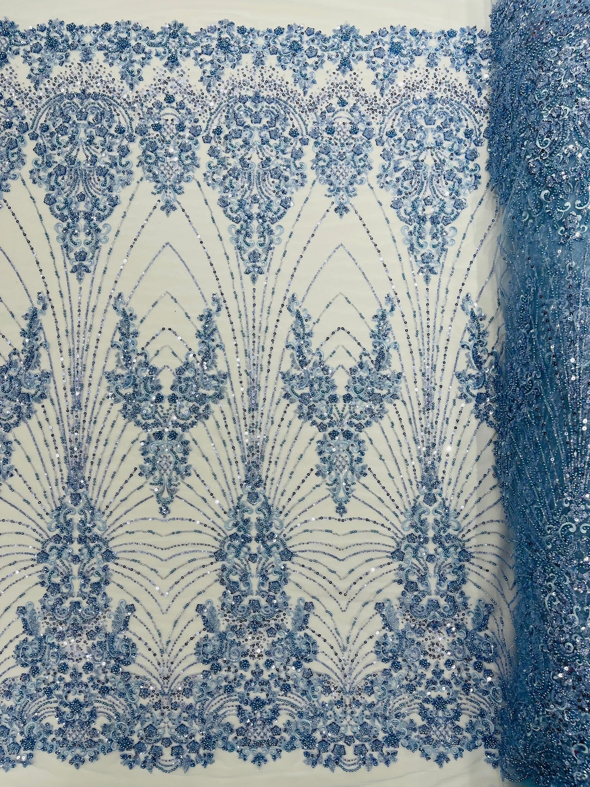 Royalty Damask Beaded Lace Fabric - Damask Pattern, Beaded Mesh, 54" Width (1 Yard)