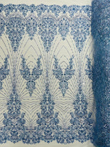 Royalty Damask Beaded Lace Fabric - Damask Pattern, Beaded Mesh, 54" Width (1 Yard)