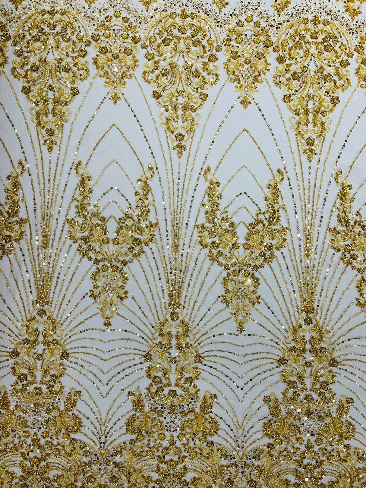 Royalty Damask Beaded Lace Fabric - Damask Pattern, Beaded Mesh, 54" Width (1 Yard)