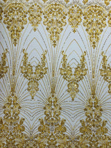 Royalty Damask Beaded Lace Fabric - Damask Pattern, Beaded Mesh, 54" Width (1 Yard)