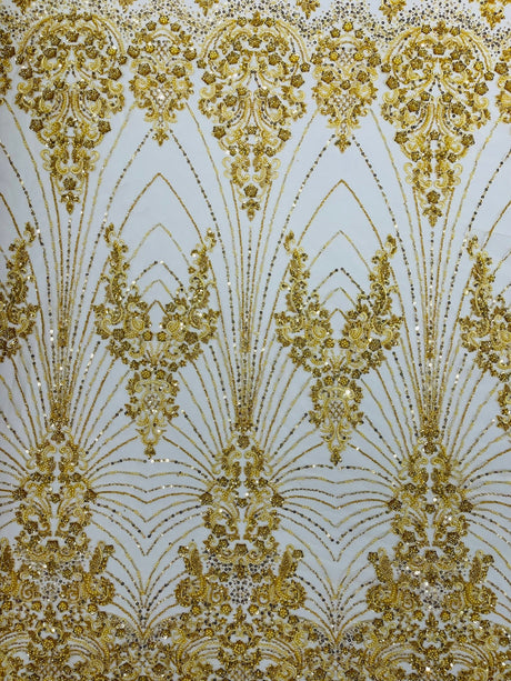 Royalty Damask Beaded Lace Fabric - Damask Pattern, Beaded Mesh, 54" Width (1 Yard)