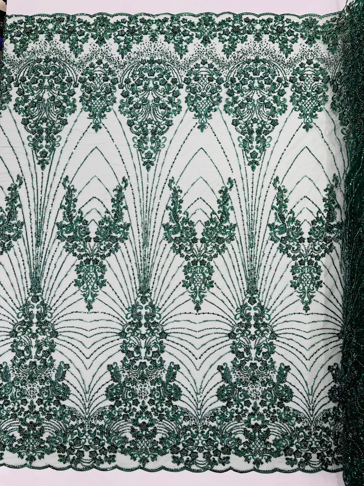 Royalty Damask Beaded Lace Fabric - Damask Pattern, Beaded Mesh, 54" Width (1 Yard)