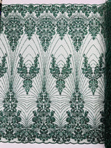 Royalty Damask Beaded Lace Fabric - Damask Pattern, Beaded Mesh, 54" Width (1 Yard)