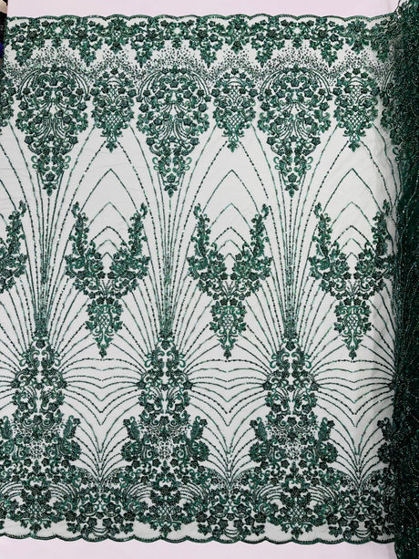 Royalty Damask Beaded Lace Fabric - Damask Pattern, Beaded Mesh, 54" Width (1 Yard)