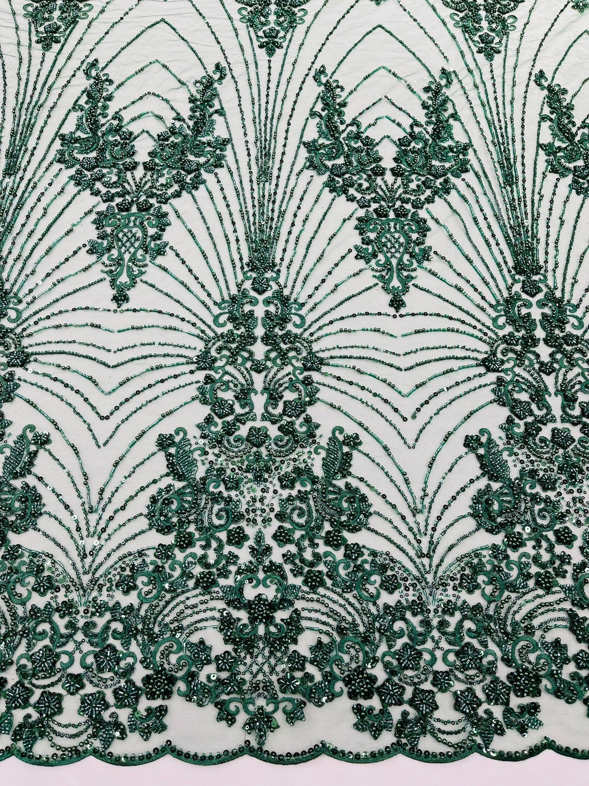 Royalty Damask Beaded Lace Fabric - Damask Pattern, Beaded Mesh, 54" Width (1 Yard)
