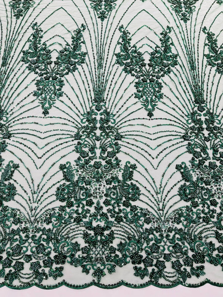 Royalty Damask Beaded Lace Fabric - Damask Pattern, Beaded Mesh, 54" Width (1 Yard)