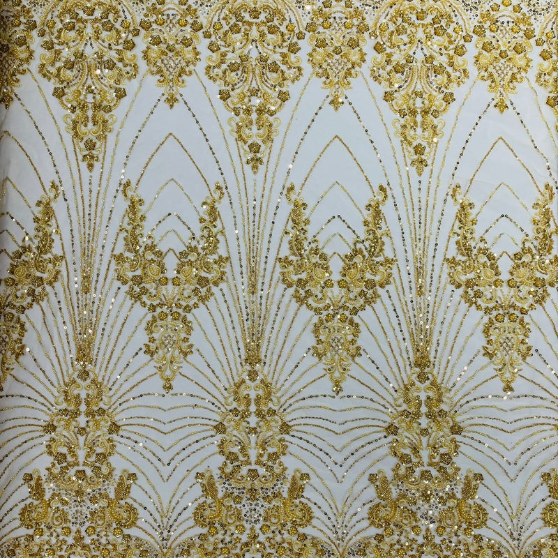 Royalty Damask Beaded Lace Fabric - Damask Pattern, Beaded Mesh, 54" Width (1 Yard)
