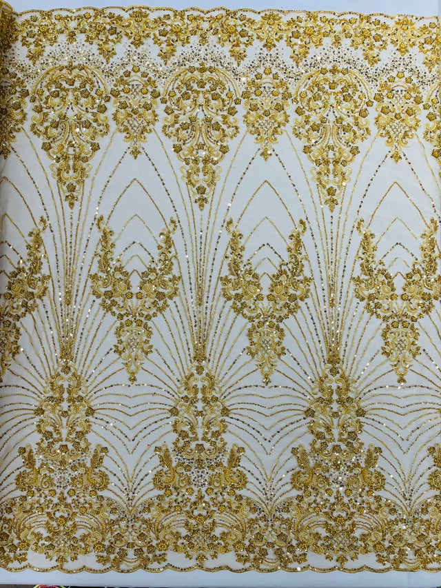 Royalty Damask Beaded Lace Fabric - Damask Pattern, Beaded Mesh, 54" Width (1 Yard)
