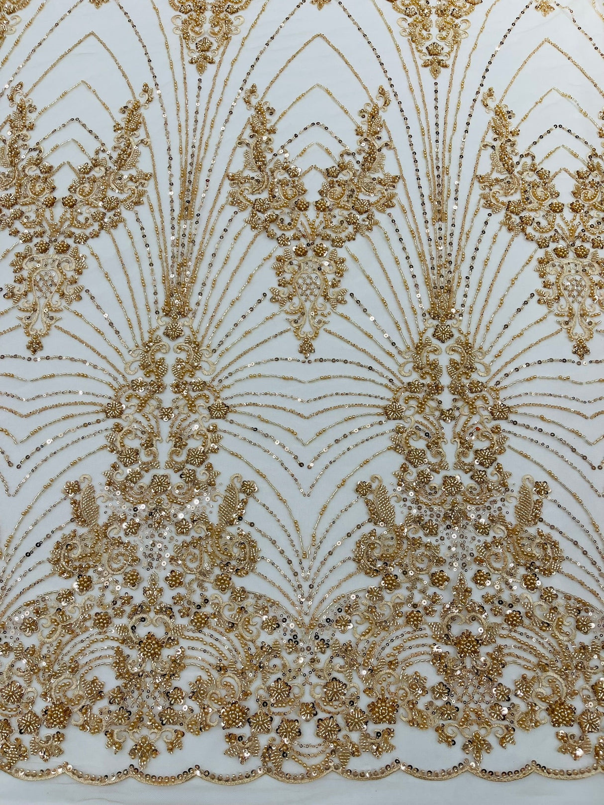 Royalty Damask Beaded Lace Fabric - Damask Pattern, Beaded Mesh, 54" Width (1 Yard)