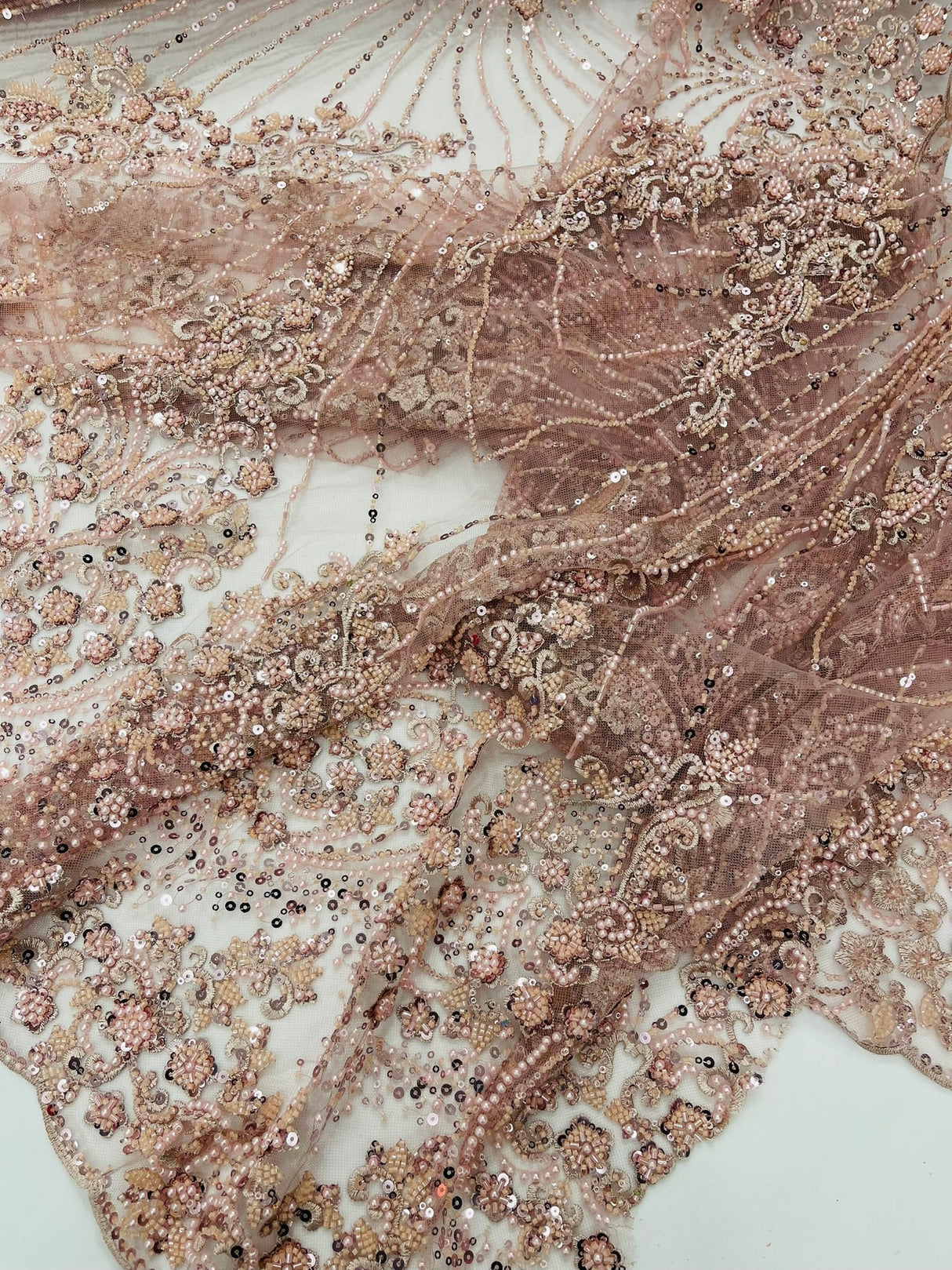 Royalty Damask Beaded Lace Fabric - Damask Pattern, Beaded Mesh, 54" Width (1 Yard)