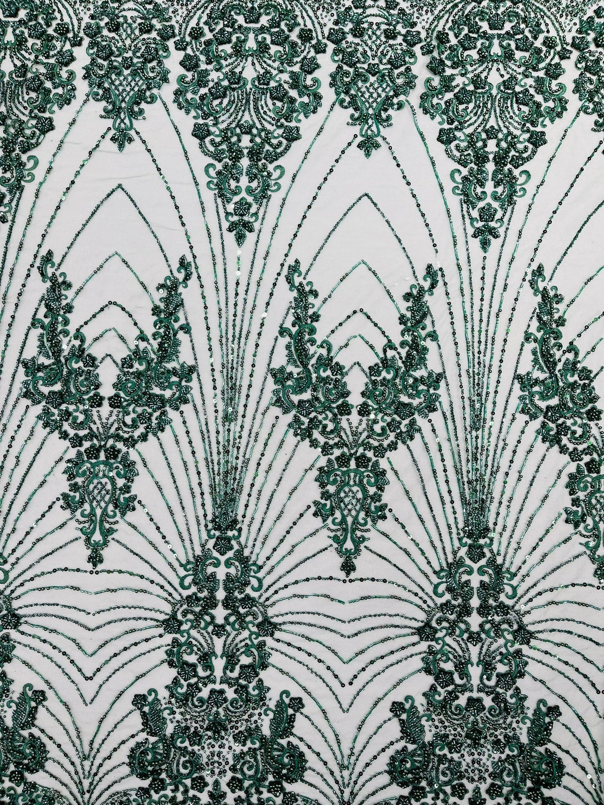 Royalty Damask Beaded Lace Fabric - Damask Pattern, Beaded Mesh, 54" Width (1 Yard)