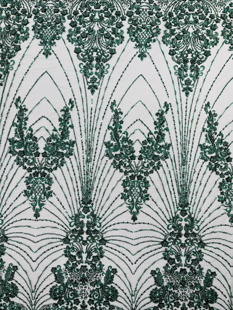 Royalty Damask Beaded Lace Fabric - Damask Pattern, Beaded Mesh, 54" Width (1 Yard)