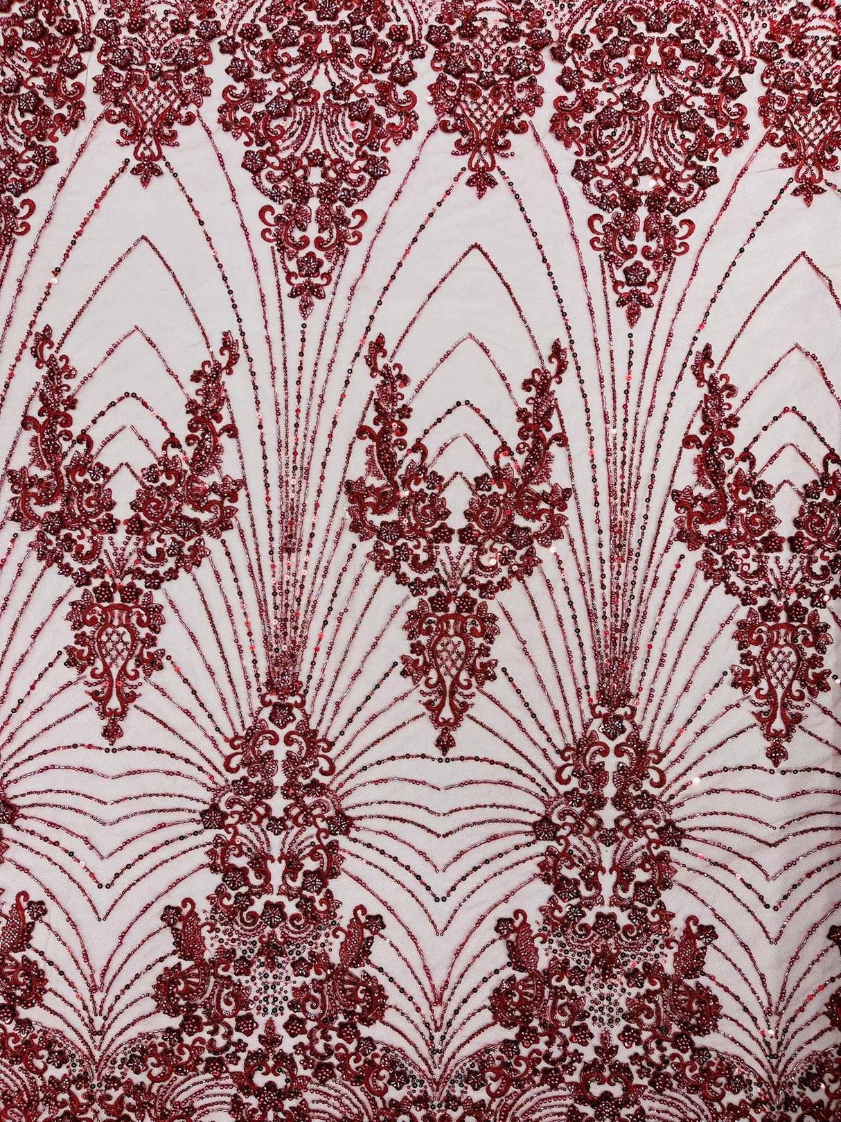 Royalty Damask Beaded Lace Fabric - Damask Pattern, Beaded Mesh, 54" Width (1 Yard)