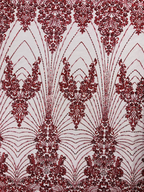 Royalty Damask Beaded Lace Fabric - Damask Pattern, Beaded Mesh, 54" Width (1 Yard)